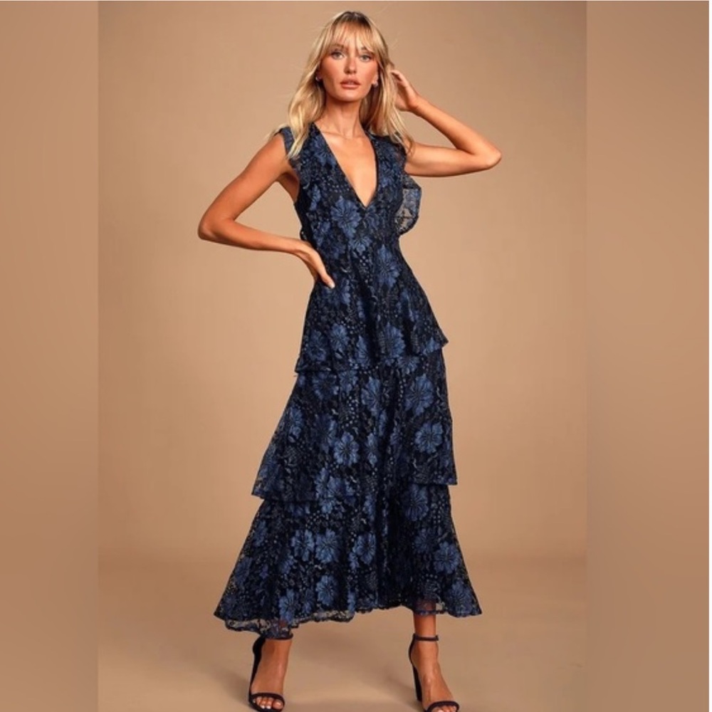 Lulu's Navy Blue Lace Midi Dress